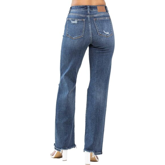 Women's High-Rise Straight Leg Ripped Denim Jeans Plus Size Dark Blue - Picture 5 of 7